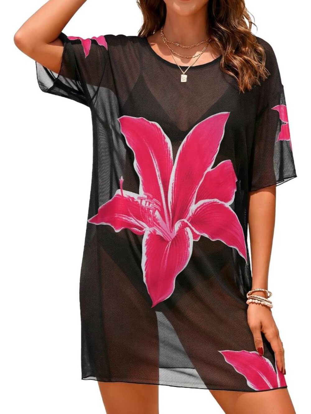 Women Rose Red Flower Round Neck Mesh Summer Sheer Stretch Short Sleeve Cover Up